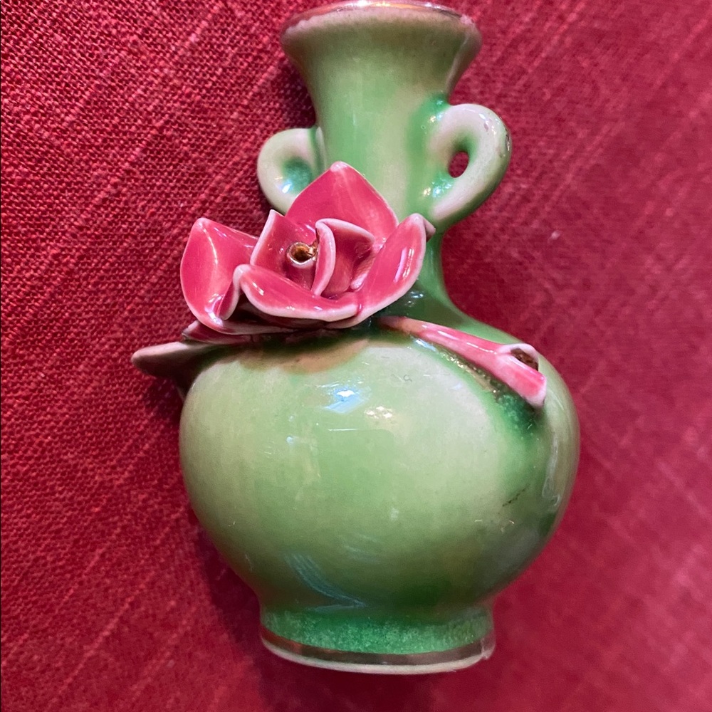 Rose Sculpted Miniature Green Porcelain Vase Vintage